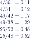 \\ 4 / 36 \,\,\,= 0.11  \\ 4 / 34 \,\,\,= 0.12  \\ 49 / 42 = 1.17  \\ 49 / 38 = 1.29  \\ 25 / 52 = 0.48  \\ 25 / 48 = 0.52